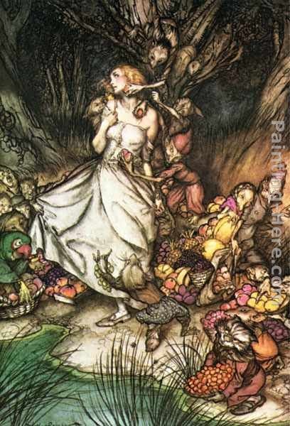 Arthur Rackham Goblin Market White and golden Lizzie stood